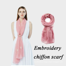 2017 Autumn winter long solid color plain embroidery flower chiffon polyester hijab scarf wholesale